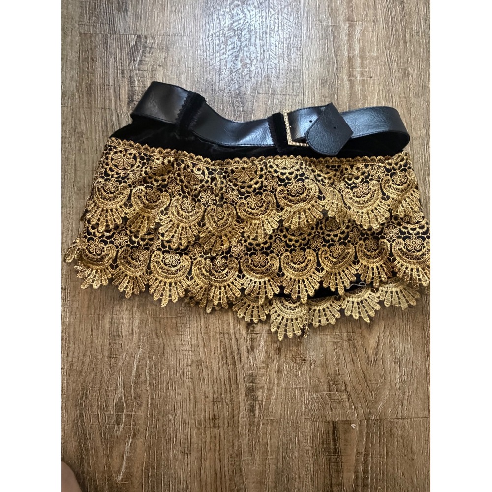 Playboy Costume Collection Gold Lace Tiered Mini Skirt Belted Black XS 101984